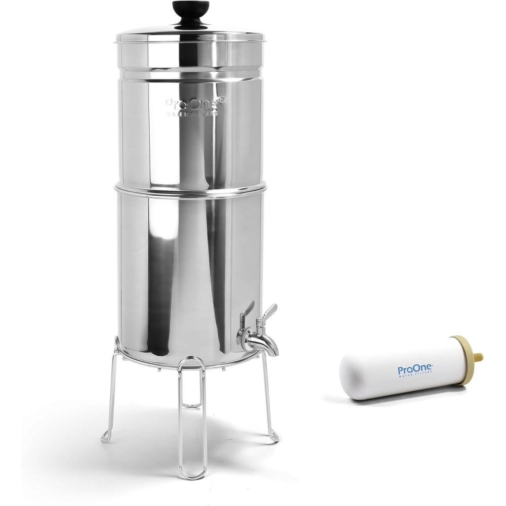 imageProOne Traveler StainlessSteel Gravity Filter System 225Gallon Water Capacity Countertop Water Dispenser for Home ampamp Travel with One 5 Filter ampamp Wire Stand Independently Tested Proven to ReduceOne 9 Filter