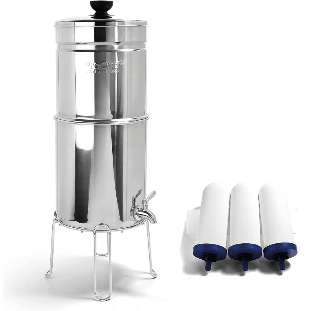 imageProOne Traveler StainlessSteel Gravity Filter System 225Gallon Water Capacity Countertop Water Dispenser for Home ampamp Travel with One 5 Filter ampamp Wire Stand Independently Tested Proven to ReduceThree 9 Filters