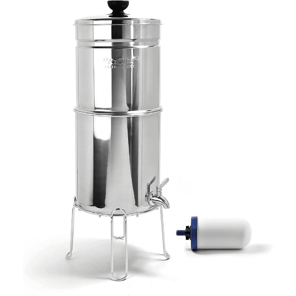 imageProOne Traveler StainlessSteel Gravity Filter System 225Gallon Water Capacity Countertop Water Dispenser for Home ampamp Travel with One 5 Filter ampamp Wire Stand Independently Tested Proven to ReduceOne 5 Filter