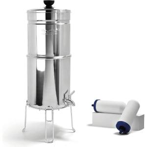 ProOne Traveler+ Stainless-Steel Gravity Filter System, 2.25-Gallon Water Capacity, Countertop Water Dispenser for Home & Travel with One 5” Filter & Wire Stand, Independently Tested Proven to Reduce(Two 7″ Filter)