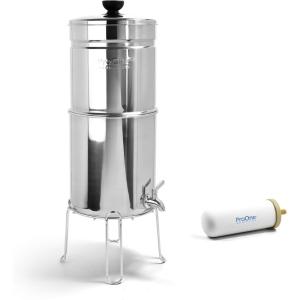 ProOne Traveler+ Stainless-Steel Gravity Filter System, 2.25-Gallon Water Capacity, Countertop Water Dispenser for Home & Travel with One 5” Filter & Wire Stand, Independently Tested Proven to Reduce(One 9″ Filter)