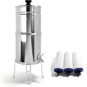 ProOne Traveler+ Stainless-Steel Gravity Filter System, 2.25-Gallon Water Capacity, Countertop Water Dispenser for Home & Travel with One 5” Filter & Wire Stand, Independently Tested Proven to Reduce(Three 9″ Filters)